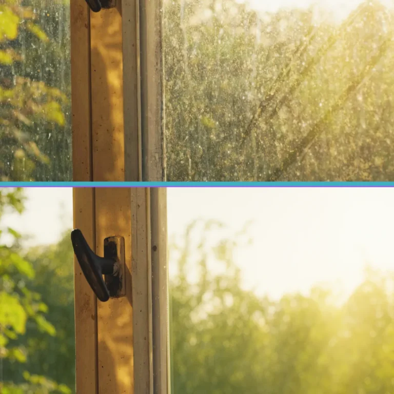 Antes y después limpieza de una ventana con robot limpiacristales