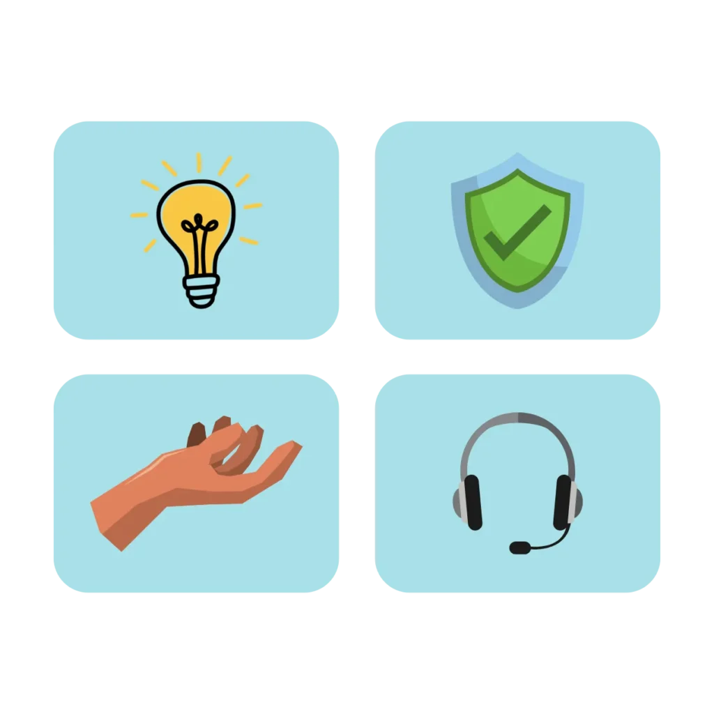 Iconos représentant innovation, sécurité, simplicité et assistance client