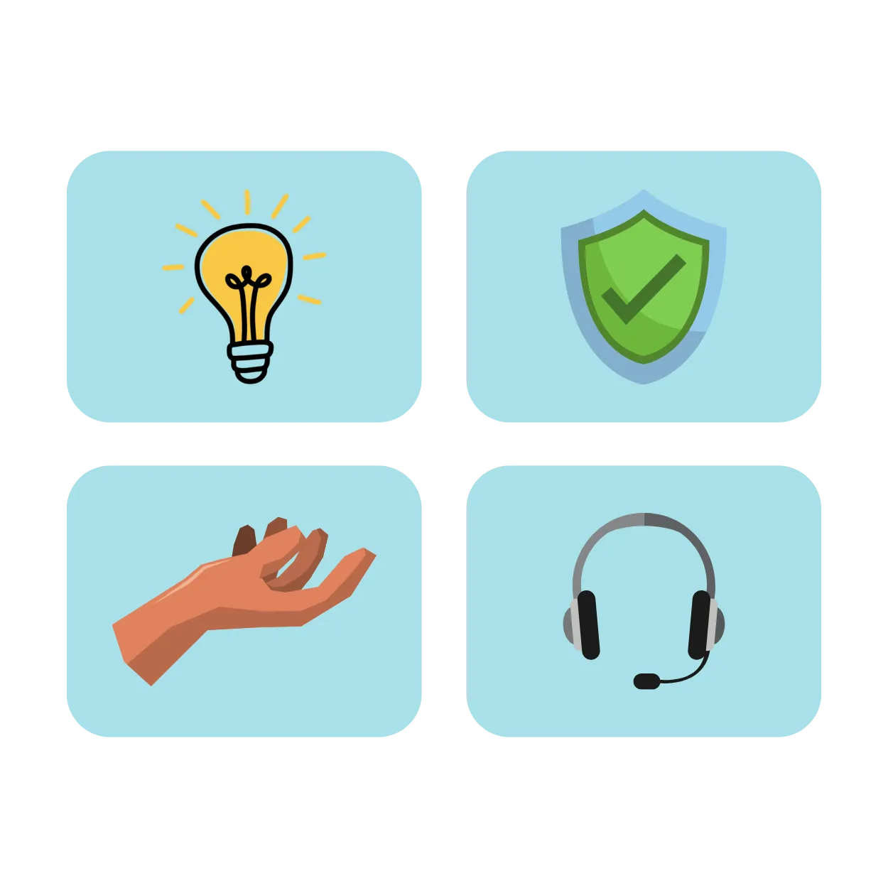 Iconos que representan innovación, seguridad, sencillez y atención al cliente