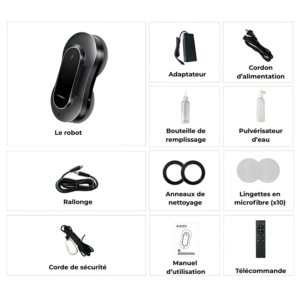 Contenu de la boîte du robot limpiacristales avec accessoires, bayetas de microfibra, mando a distancia et câble