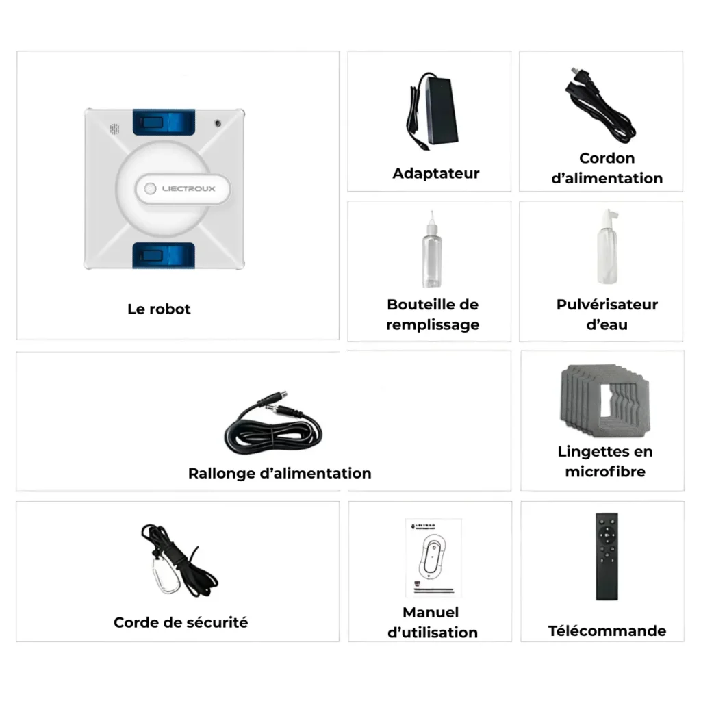 Contenu de la boîte du robot limpiacristales avec accessoires et mando a distancia