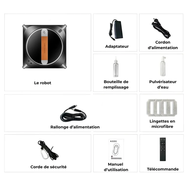 Contenido de la caja del robot limpiacristales Liectroux YW910 con accesorios