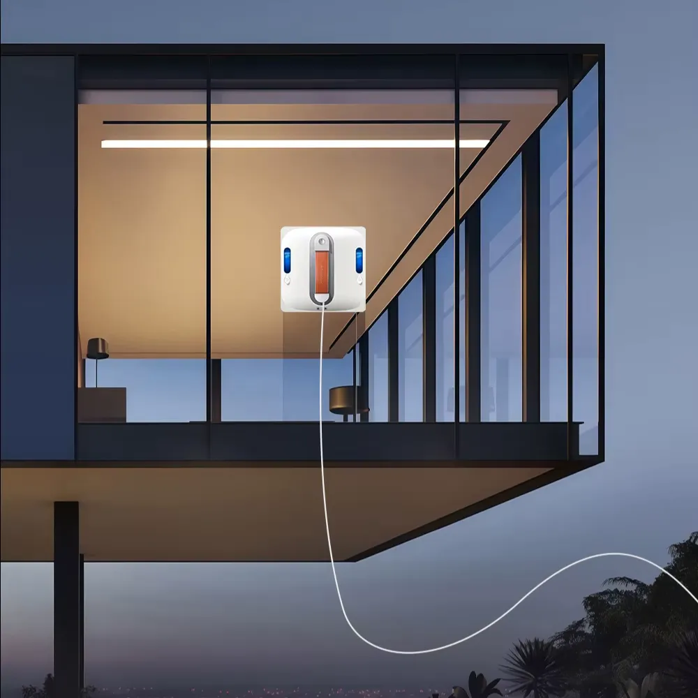 Robot limpiacristales Liectroux S11 nettoyant une baie vitrée en hauteur avec câble de sécurité