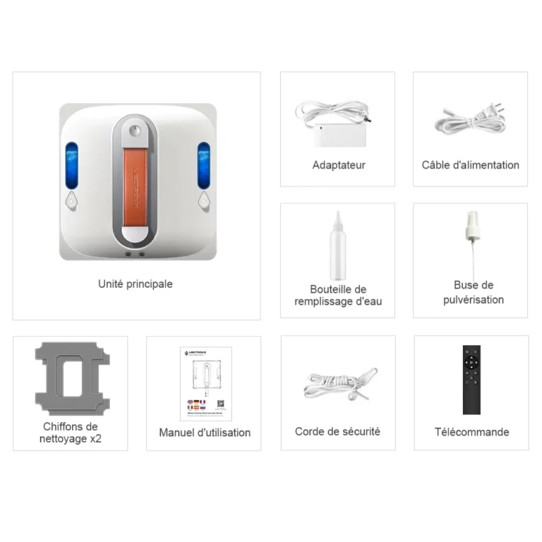 Contenido de la caja del robot limpiacristales Liectroux S11 : robot, mando a distancia, câble, chiffons, bouteille
