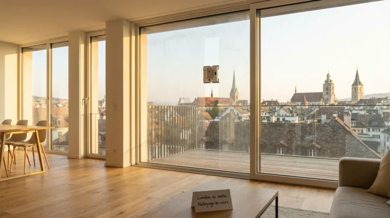 Robot lave-vitre automatique nettoyant une grande baie vitrée dans un appartement moderne