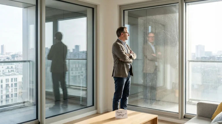 Grande baie vitrée dans un appartement moderne illustrant le besoin de nettoyage de vitres