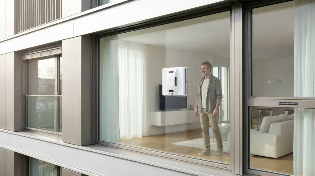 Robot limpiacristales automático fijado en una gran cristalera en un interior moderno