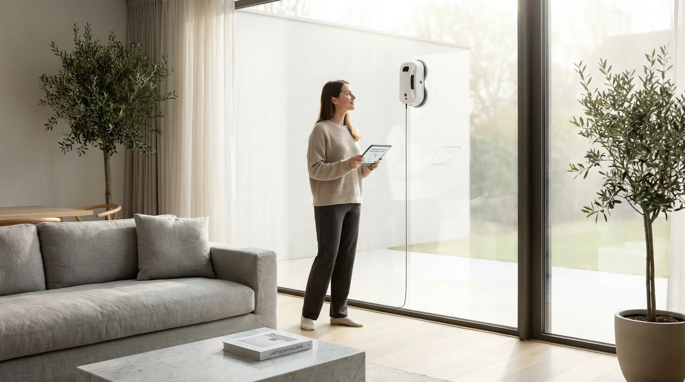 Robot limpiacristales automático en acción sobre una gran cristalera en un salón moderno