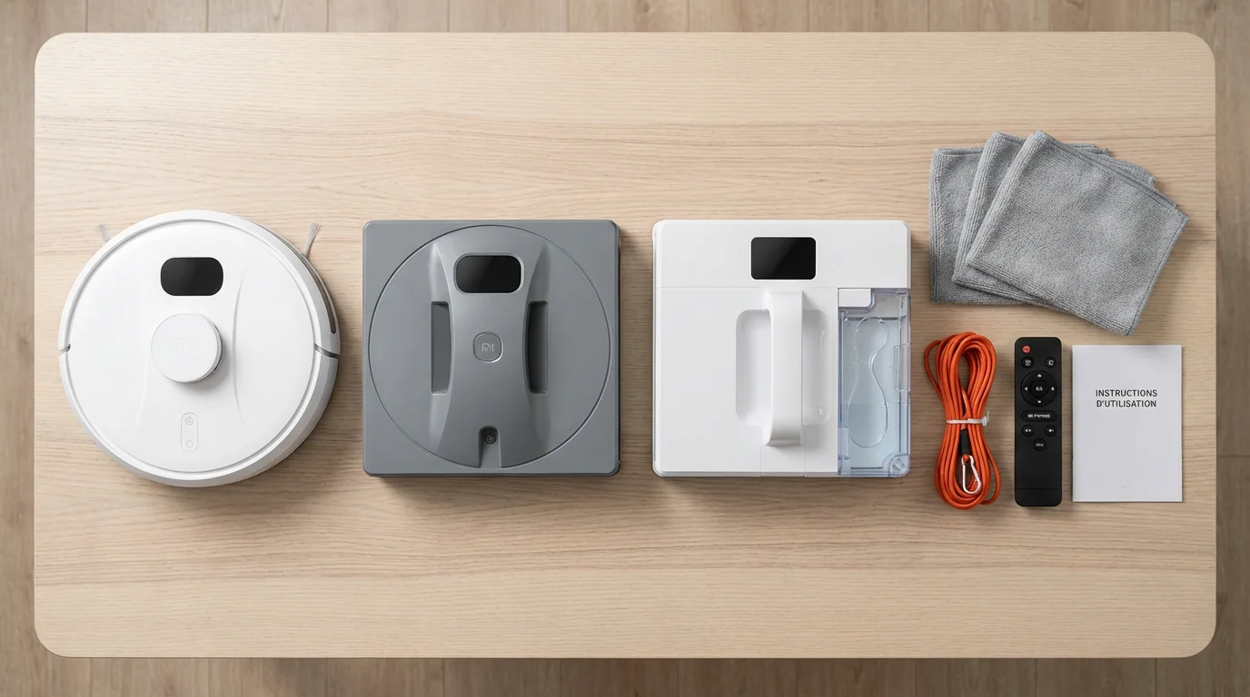 Comparativa de distintos tipos de robots limpiacristales con accesorios dispuestos sobre una mesa