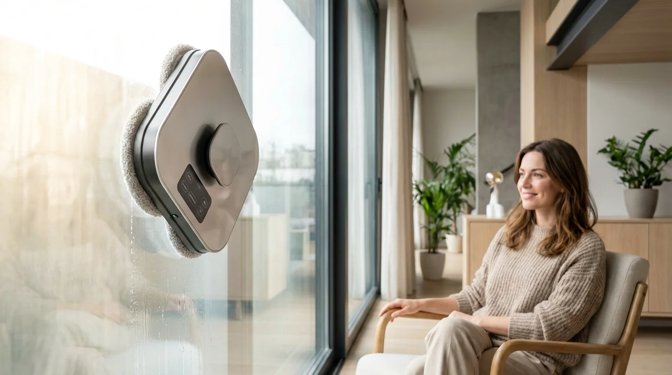 Robot limpiacristales automático funcionando sobre una gran cristalera en un piso moderno