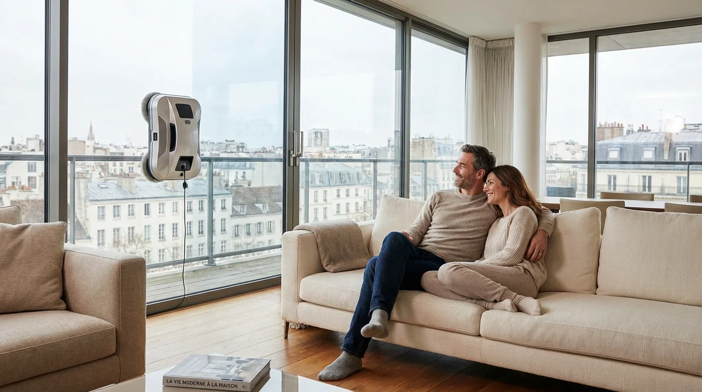 Pareja europea relajándose en un salón moderno mientras un robot limpiacristales limpia automáticamente la cristalera