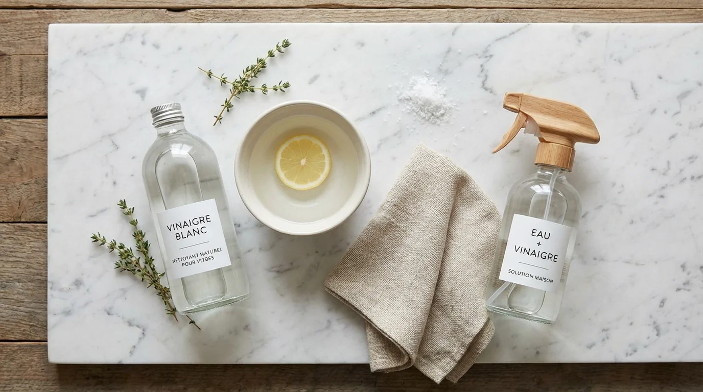Ingredientes naturales para limpiar los cristales dispuestos sobre una superficie clara: vinagre blanco, agua, mopa de microfibra y pulverizador