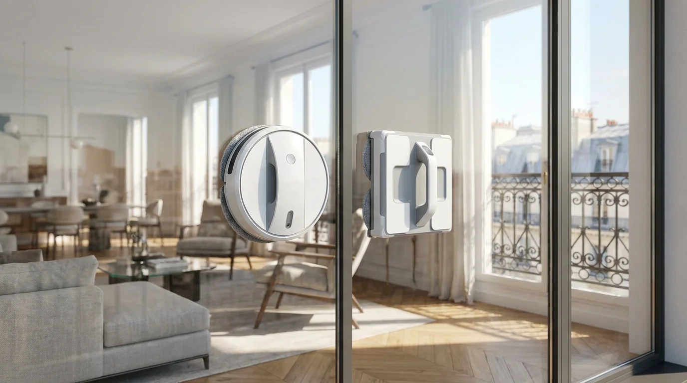 Comparación visual entre un robot limpiacristales redondo y uno rectangular sobre una cristalera