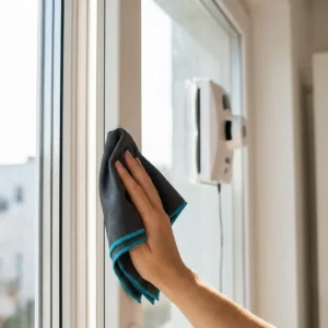 Nettoyage du cadre de ventana avec chiffon microfibre après passage du robot limpiacristales