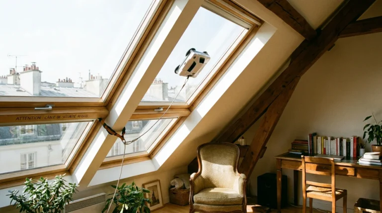 Fenêtre de toit Velux ouverte dans une pièce mansardée avec un robot lave-vitre prêt à être utilisé