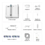 Contenido de la caja del robot limpiacristales Liectroux S9: unidad principal, adaptador, cable, botella de llenado, boquilla, alargador, cuerda de seguridad, mando, 2 cepillos rodillo, 4 paños y manual