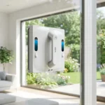 Robot limpiacristales ABIR WD9 en una cristalera con vistas a un jardín