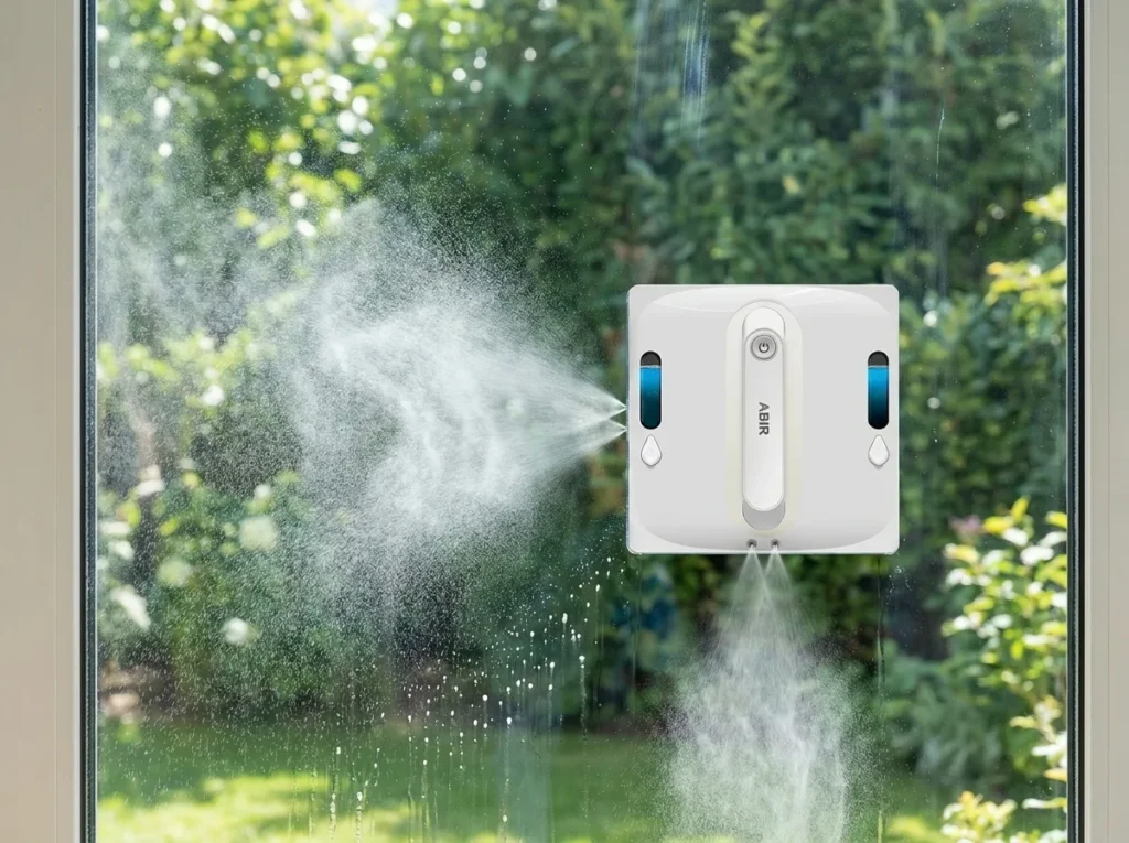 Robot limpiacristales ABIR WD9 pulverizando agua sobre un cristal