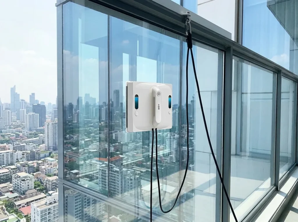 Robot limpiacristales ABIR WD9 asegurado por su cuerda en una ventana en altura