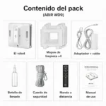 Contenido del pack del robot limpiacristales ABIR WD9: robot, mopas, adaptador, botella de llenado, cuerda de seguridad, mando y manual