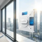Robot limpiacristales Liectroux YW509 en una ventana de piso