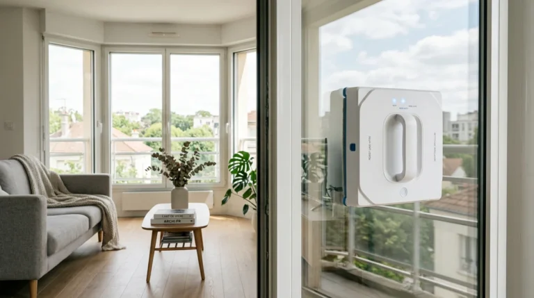 Robot lave-vitre compact posé sur une grande baie vitrée lumineuse