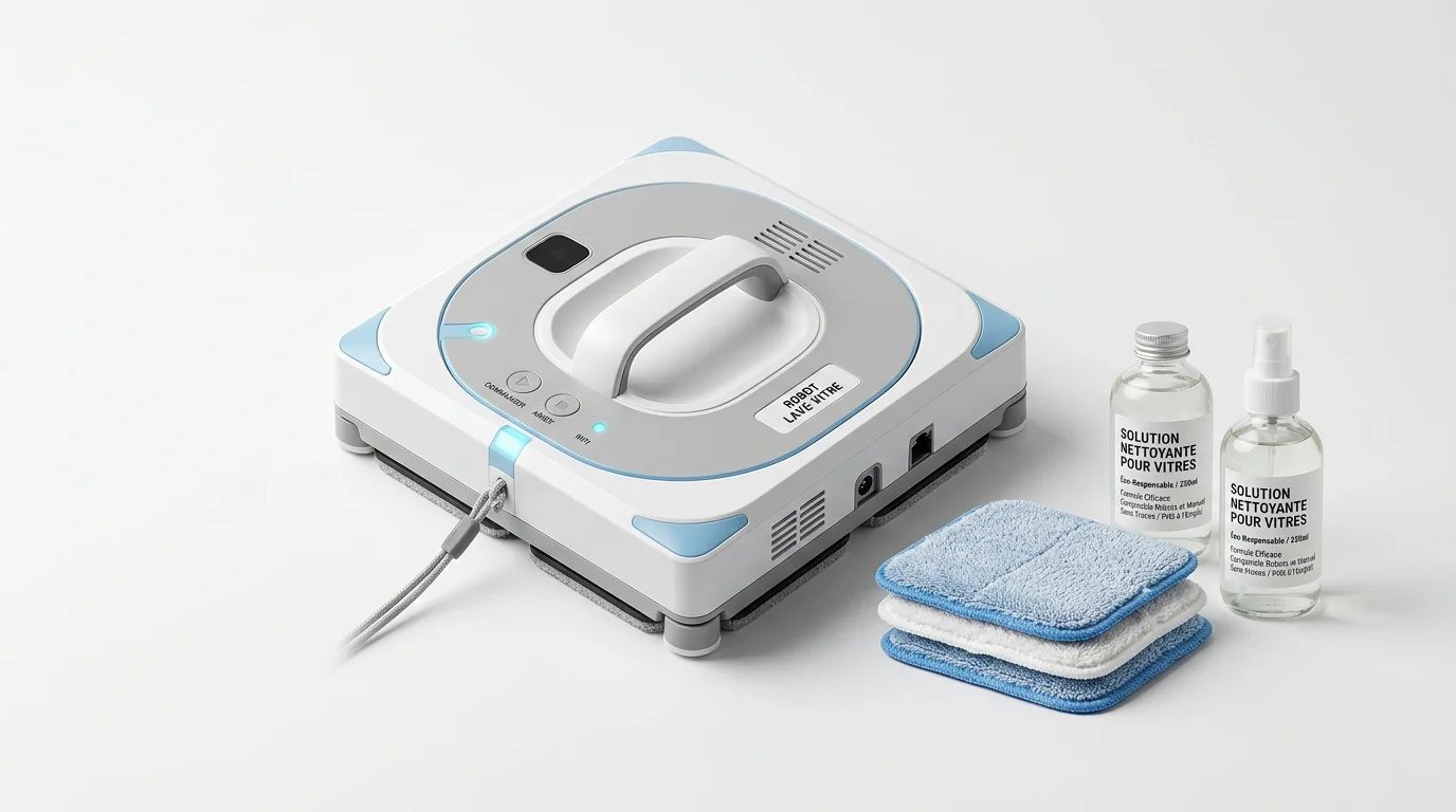 Robot limpiacristales y sus consumibles de microfibra presentados sobre fondo blanco