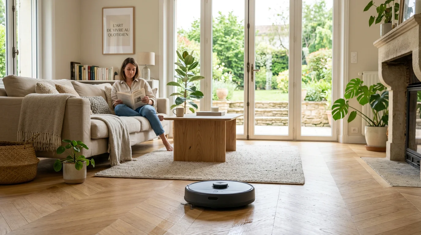 Aspirador robot friegasuelos limpiando el suelo de un salón con cristaleras