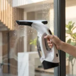 Vitronet en la mano: la escobilla aspira el agua sucia durante la pasada por la ventana