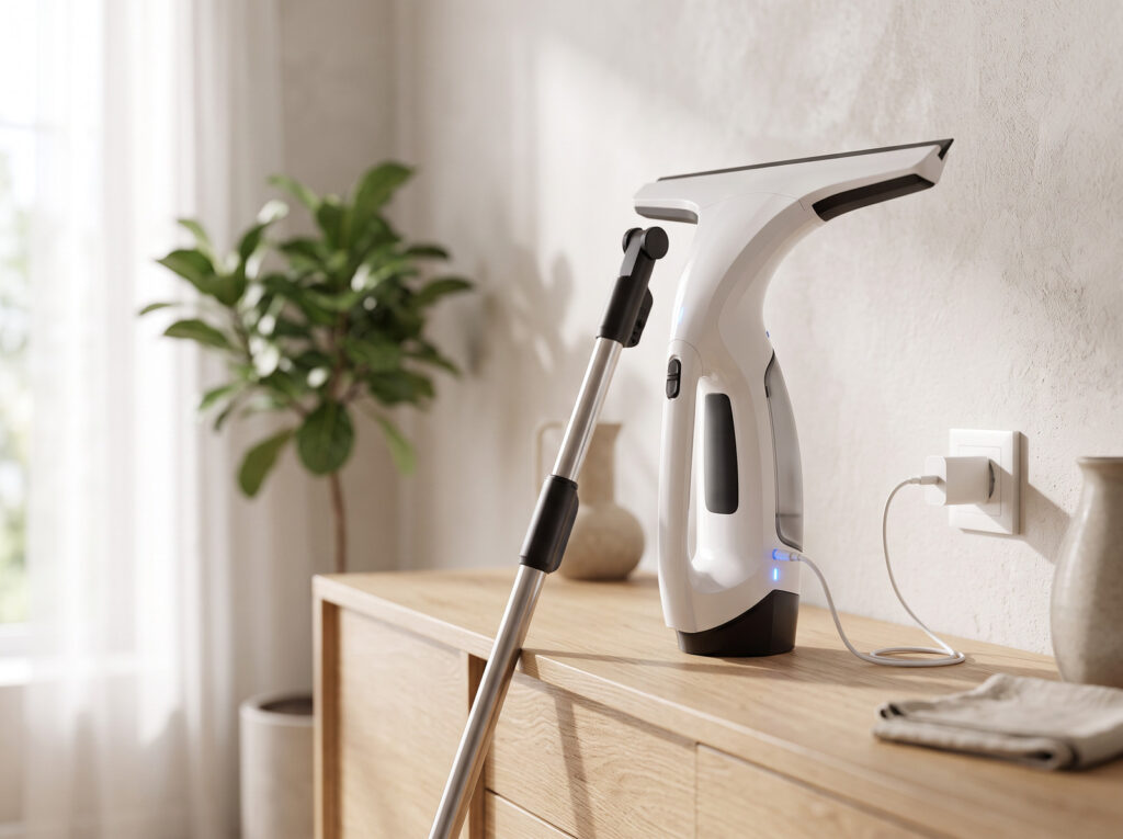 El Vitropole cargando por USB-C sobre un mueble, indicador azul encendido