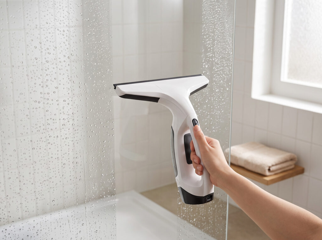 El Vitropole seca una mampara de ducha cubierta de gotas