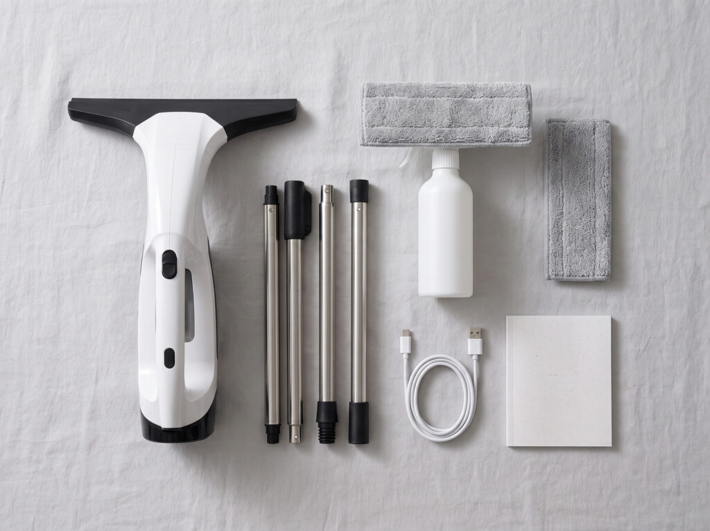 Contenido del kit Vitropole: aspirador de cristales, pértiga telescópica, pulverizador con almohadilla, almohadilla de recambio, cable USB-C y manual