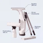 Características del kit Vitropole: escobilla de 280 mm, 30 min de autonomía, pulverizador de 300 ml, recarga USB-C