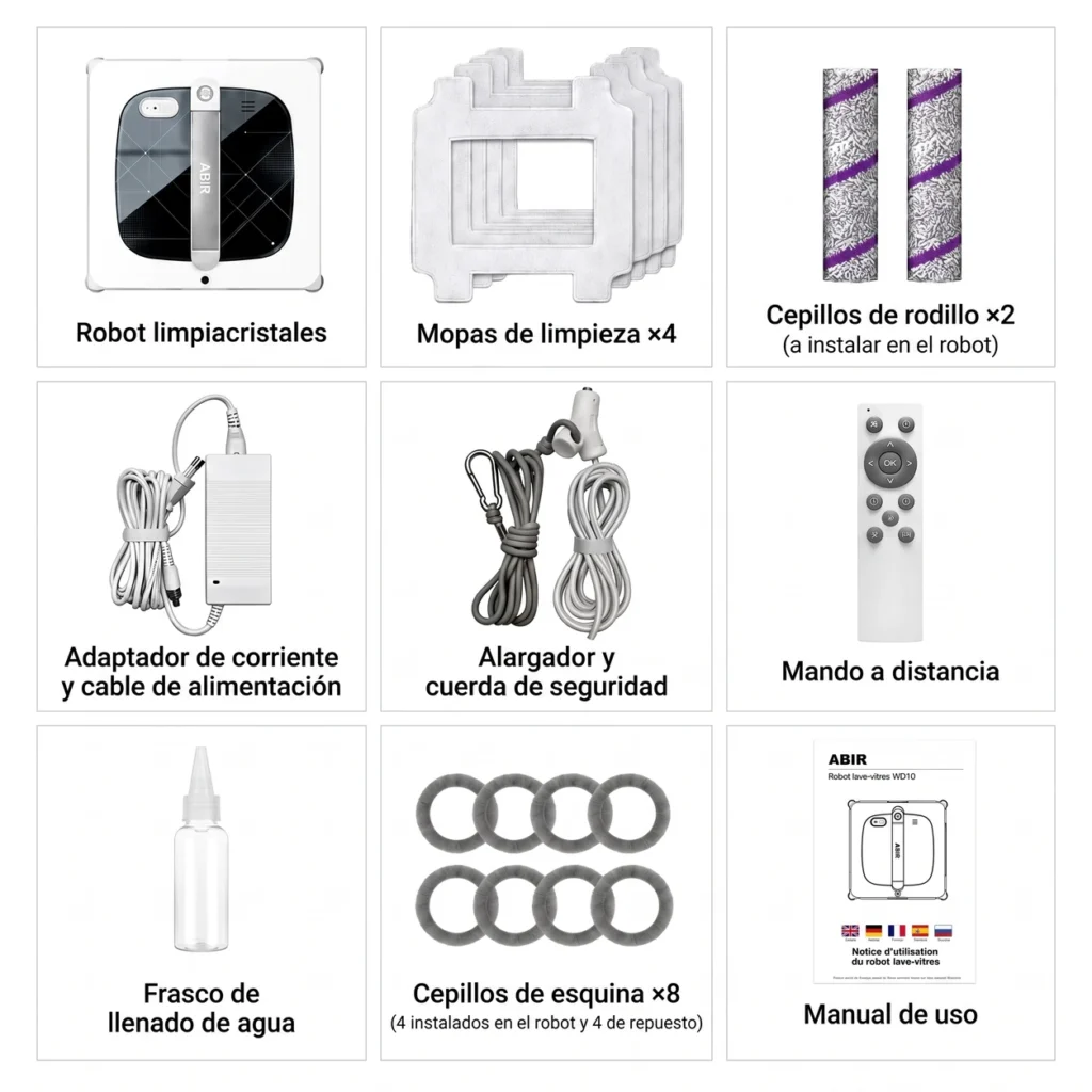 Contenido del pack ABIR WD10: mopas, cepillos, mando, cuerda y accesorios