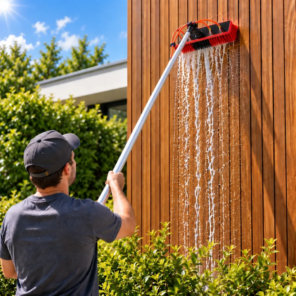 Lavado de un revestimiento de madera con el cepillo de agua SolarClean 9M