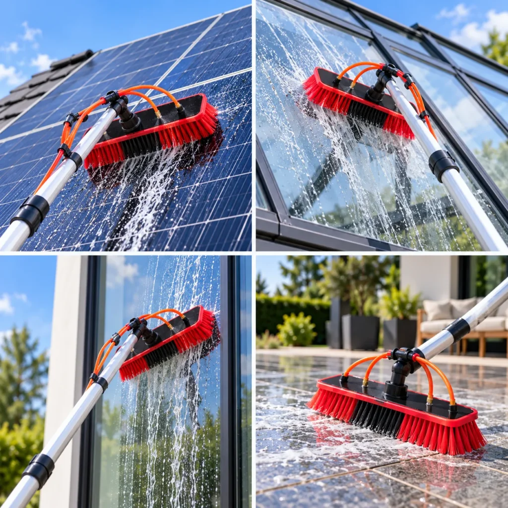 SolarClean 9M sobre panel solar, cristal, cristalera y terraza